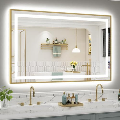 55x36 Inch LED Bathroom Mirror with Gold Frame, Backlit & Front Lit