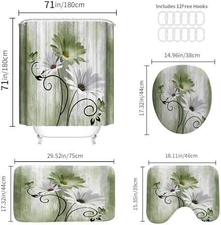 Onalasyc 4PCS Grass Green Daisy Bathroom Sets with Shower Curtain and Rugs