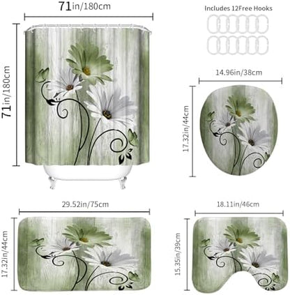 Onalasyc 4PCS Grass Green Daisy Bathroom Sets with Shower Curtain and Rugs