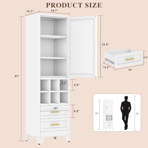 Tall Metal Narrow Storage Cabinet 67" H with 2 Drawer,White Kitchen Pantry Cabinets with 2 Adjustable Shelves and Door,Cuby Storage Orgainzer,Tall Bathroom Cabinet for Kitchen, Home Office,Dining Room
