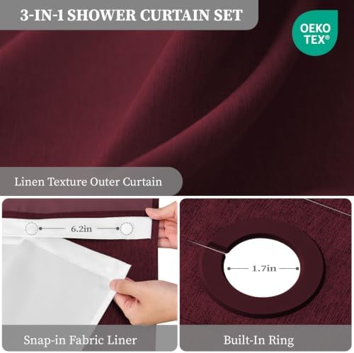 BTTN Burgundy Ringless Linen Look Shower Curtain with Snap in Liner, 72x75