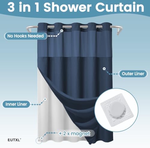 Heavyweight Waffle No Hook Shower Curtain with Liner, Navy Blue, 71x74