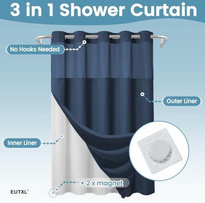 Heavyweight Waffle No Hook Shower Curtain with Liner, Navy Blue, 71x74