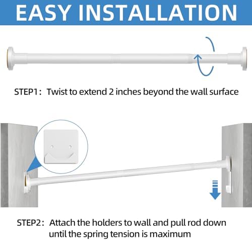 CorkLatta White Shower Curtain Rod,1 Inch Diameter Stainless Steel Adjustable Spring Tension Rods 32 to 68",with Holders,Anti-Slip,Curtain Rods No Drilling(1 Pack)