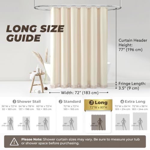 Linen Shower Curtain Boho Beige Shower Curtain with Tassels 72"W x 80"L