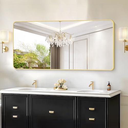 30"x60" Gold Bathroom Mirror, Large Rectangle Wall Mounted Mirror with Rounded Corner, Aluminum Metal Frame Vanity Mirror for Bathroom Bedroom Living Room