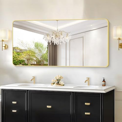 30"x60" Gold Bathroom Mirror, Large Rectangle Wall Mounted Mirror with Rounded Corner, Aluminum Metal Frame Vanity Mirror for Bathroom Bedroom Living Room