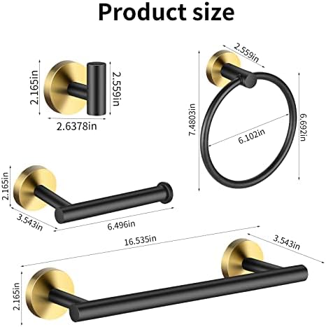 5 Pieces Bathroom Hardware Set Black Gold, Towel Rack Including 2pcs 16 inch Tower Bar, Towel Ring and 2 PCS Towel Hooks