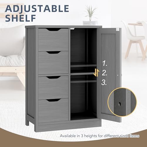 Walsunny Bathroom Floor Storage Cabinet, Wooden Storage Organizer with 4 Drawers and 1 Cupboard, Freestanding Entryway Storage Unit Console Table, Gray