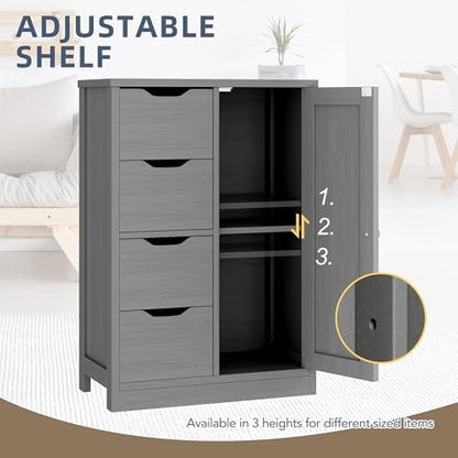 Walsunny Bathroom Floor Storage Cabinet, Wooden Storage Organizer with 4 Drawers and 1 Cupboard, Freestanding Entryway Storage Unit Console Table, Gray