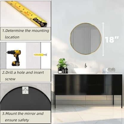 Round Gold Mirror 18 Inch, Brushed Gold Frame, Small Circle Mirror