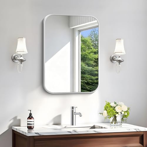 Silver Bathroom Mirror, 18 x 24 Inch Rectangle Mirrors for Wall, Rounded Corner Metal Framed Wall Mounted Mirror for Over Sinks Living Room Bedroom Entryway Hangs Horizontal/Vertical