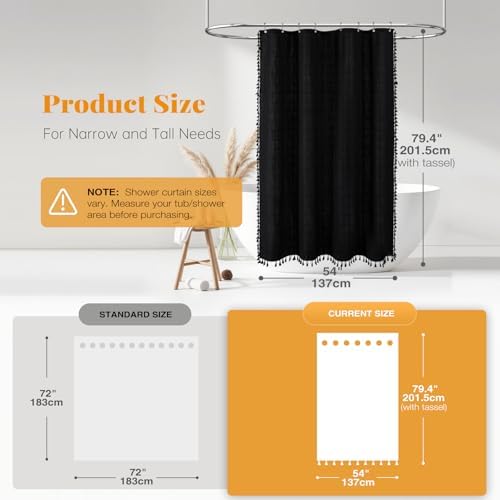 BTTN 54x78 Boho Farmhouse Linen Heavy Duty Fabric Shower Curtain Set, Black