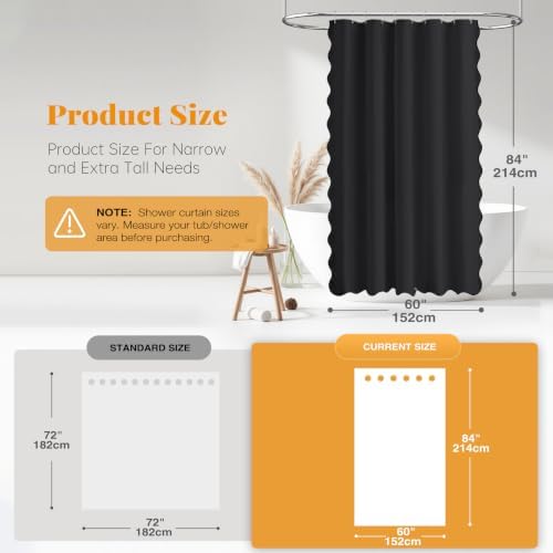 BTTN Boho Scalloped Linen Textured Cloth Shower Curtain Set, 60x84, Black