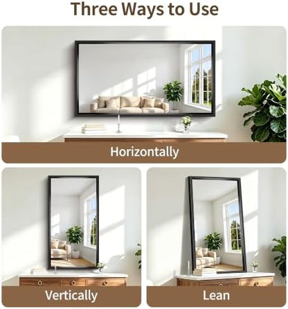 Bathroom Mirror, 30 x 55 Inch Brushed Black Rectangle Mirror, 0.6" Thickened Deep Metal Frame Mirrors for Wall Over Sink, Shatterproof Tempered Glass, Antirust, Horizontally or Vertically