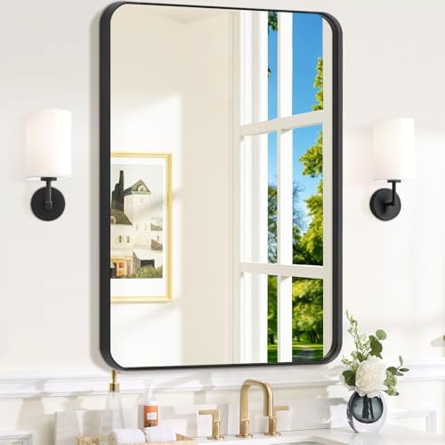 Black Bathroom Mirror for Over Sink, 24" x 36" Framed Rectargular Wall-Mounted Bathroom Mirrors for Vanity, Decorative, Farmhouse, Restroom, Horizontally or Vertically Hanging
