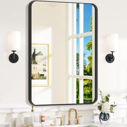 Black Bathroom Mirror for Over Sink, 24" x 36" Framed Rectargular Wall-Mounted Bathroom Mirrors for Vanity, Decorative, Farmhouse, Restroom, Horizontally or Vertically Hanging