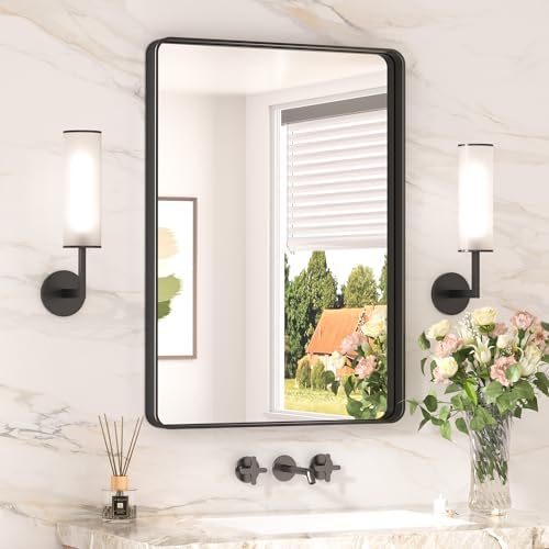 Keonjinn 20 x 30 Inch Black Bathroom Mirror, Tempered Glass Vanity Mirror