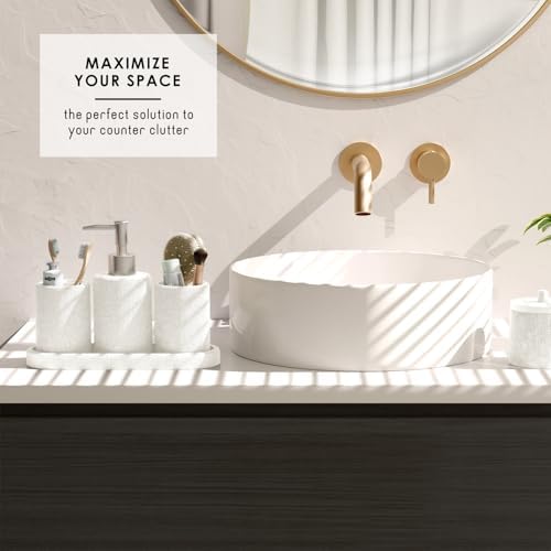 Clara Clark Bathroom Set - White Bathroom Accessories Set, 5PC Bathroom Accessory Set, Bathroom Sets with Soap Dispenser, Toothbrush Holder, Tumbler, Cotton Swab Jar & Vanity Tray