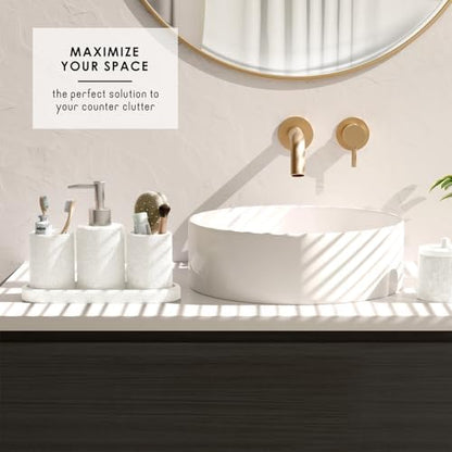 Clara Clark Bathroom Set - White Bathroom Accessories Set, 5PC Bathroom Accessory Set, Bathroom Sets with Soap Dispenser, Toothbrush Holder, Tumbler, Cotton Swab Jar & Vanity Tray