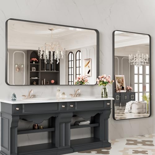 LOAAO 48X28 Inch Black Metal Framed Bathroom Mirror for Wall