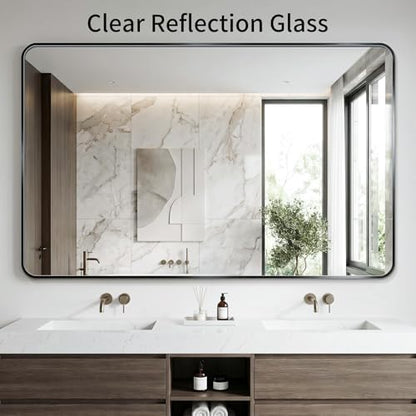 Koonmi Bathroom Mirror, 30X36 Inch Black Metal Framed Mirror for Bathroom, Tempered Glass, Anti-Rust, Rounded Rectangle Mirror for Restroom, Bedroom, Black