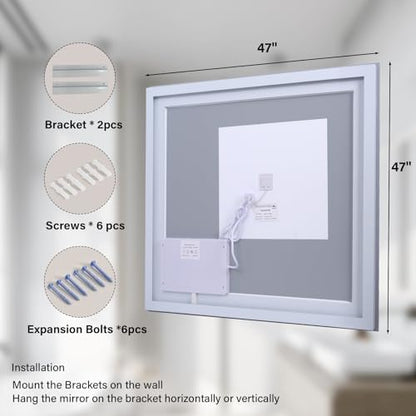 XRAMFY 47"X47" LED Bathroom Mirror, Backlit + Front Lit Wall Mirror