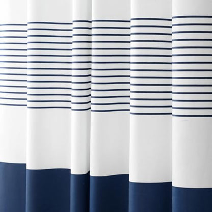 Navy Blue Coastal Ocean Cotton Striped Shower Curtain with Tassel 60W X 72L