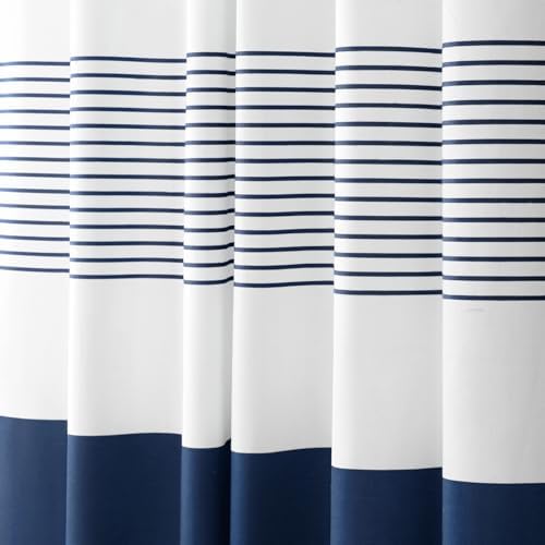 Navy Blue Coastal Ocean Cotton Striped Shower Curtain with Tassel 72W X 84L