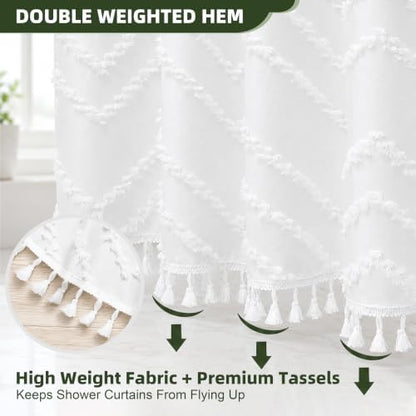 Siiluminisoy White Shower Curtain Fabric Boho Shower Curtain Cloth Textured Tufted Chevron Elegant Shower Curtains Waterproof for Bathroom 72" x 72"