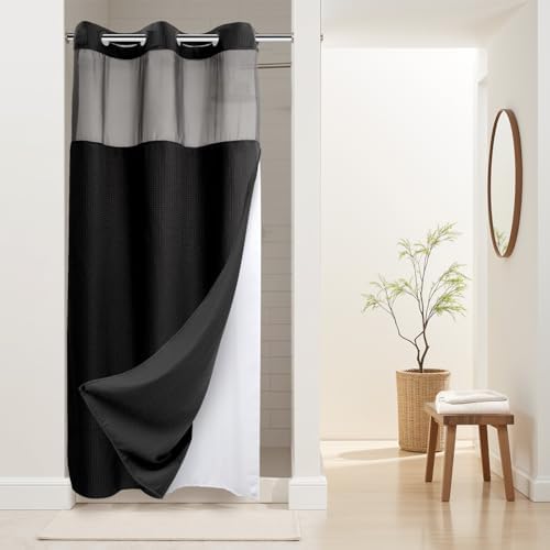 RiverDream Heavyweight Waffle No Hook Shower Curtain with Liner,Black,36x74