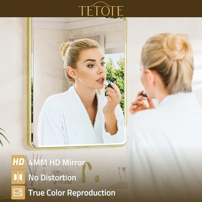 TETOTE Brushed Gold Bathroom Mirror for Over Sink 24 x 36 Beveled Edge Tempered Glass, Rounded Corner Rectangle Framed Mirror for Modern Bathroom, Living Room, Bedroom, Entryway