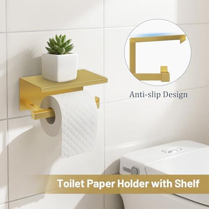 TURS Brushed Gold 5 Pieces Bathroom Hardware Set, SUS304 Stainless Steel 23.6 Inch Bath Towel Bar Set, Square Bathroom Accessories Kit Wall Mounted