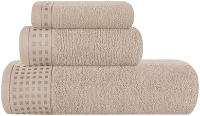 GLAMBURG Ultra Soft 3 Pack Cotton Towel Set, Contains a Bath Towel 28x55 inch, a Hand Towel 16x24 inch & a Wash Coth 12x12 inch, Ideal Everyday use, Compact & Lightweight - Tan