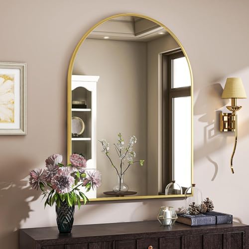 VooBang Arched Wall Mirror, 30 x 38 inch Arch Bathroom Mirror Gold