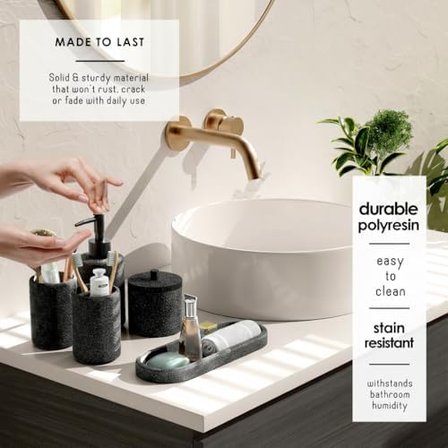 Clara Clark Bathroom Set - Coal Black Bathroom Accessories Set, 5PC Bathroom Accessory Set, Bathroom Sets with Soap Dispenser, Toothbrush Holder, Tumbler, Cotton Swab Jar & Vanity Tray