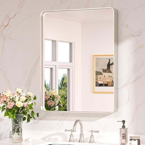 Keonjinn 24 x 30 Inch Brushed Nickel Bathroom Vanity Mirror, Aluminum Frame