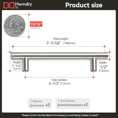 homdiy Brushed Nickel Cabinet Pulls Drawer Handles, 4-1/2in(115mm) Hole Center Dresser Drawer Handles Silver Drawer Pulls for Kitchen, Bedroom, Bathroom, Livingroom