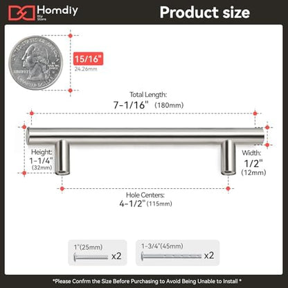 homdiy Brushed Nickel Cabinet Pulls Drawer Handles, 4-1/2in(115mm) Hole Center Dresser Drawer Handles Silver Drawer Pulls for Kitchen, Bedroom, Bathroom, Livingroom