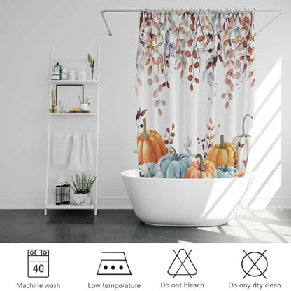 Fall Shower Curtains for Bathroom, Thanksgiving Pumpkins Autumn Eucalyptus Leaves Shower Curtain Set with Hooks, Blue Orange Waterproof Fabric Fall Bathroom Decor Accessories, 72 x 78 Inch