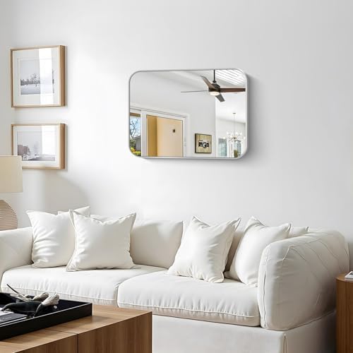 Silver Bathroom Mirror, 18 x 24 Inch Rectangle Mirrors for Wall, Rounded Corner Metal Framed Wall Mounted Mirror for Over Sinks Living Room Bedroom Entryway Hangs Horizontal/Vertical