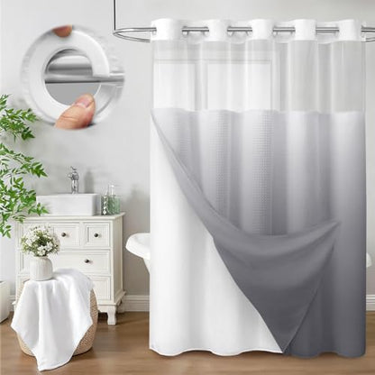 No Hook Shower Curtain with Liner Set Hotel Waffle Ombre Grey 72W X 75L