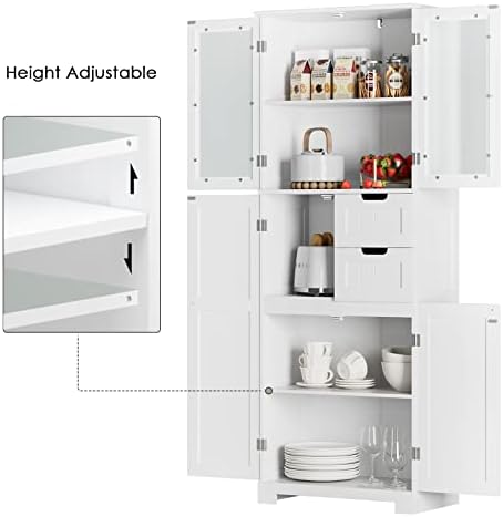 BOTLOG 67'' Tall Bathroom Storage Cabinet, Linen Cabinet with Glass Doors and Adjustable Shelves, Kitchen Pantry with 2 Drawers for Bathroom, Living Room, Dining Room, White