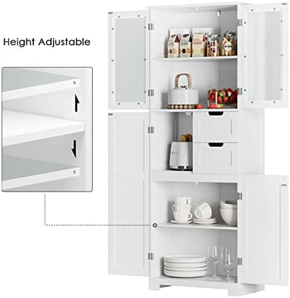 BOTLOG 67'' Tall Bathroom Storage Cabinet, Linen Cabinet with Glass Doors and Adjustable Shelves, Kitchen Pantry with 2 Drawers for Bathroom, Living Room, Dining Room, White