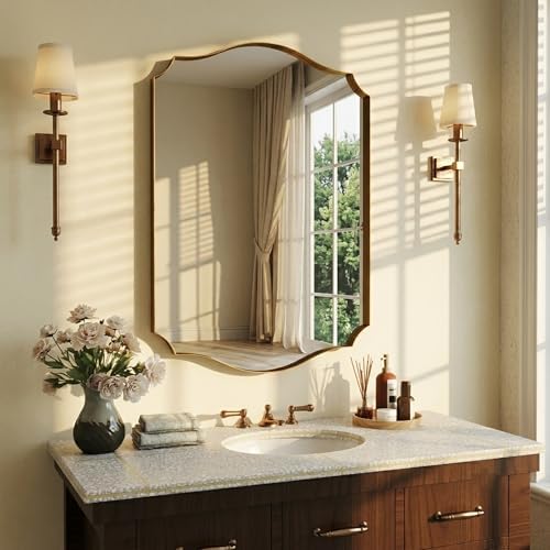 Black Vanity Wall Mirror 30"x22", Scalloped Edge Bathroom Mirror