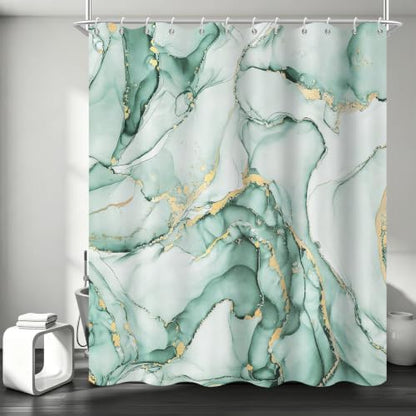 Mint Green Marble Shower Curtain Modern Abstract Luxury Gold Ink Texture Ombre Watercolor Bathroom Curtain Set with Hooks Soft and Lightweight Waterproof Fabric Machine Washable 60" Wx72 L