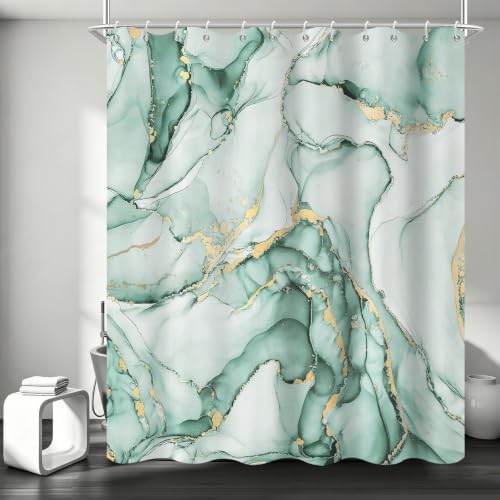 Mint Green Marble Shower Curtain Modern Abstract Luxury Gold Ink Texture Ombre Watercolor Bathroom Curtain Set with Hooks Soft and Lightweight Waterproof Fabric Machine Washable 66" WX72 L