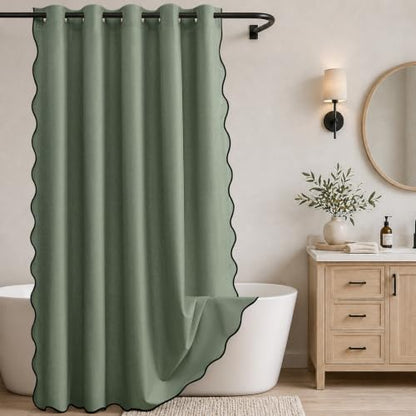 Furlinic No Hook Shower Curtain Scalloped Extra Wide Boho Olive Green 78x75