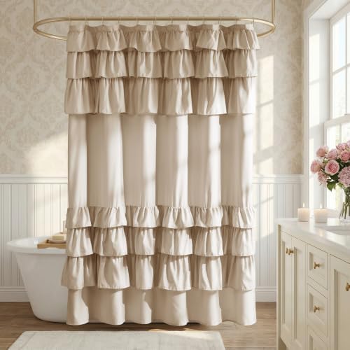 Madison Park Grace Ruffle Shower Curtain for Bathroom, 72"x 72", Beige