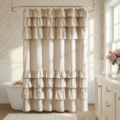 Madison Park Grace Ruffle Shower Curtain for Bathroom, 72"x 72", Beige